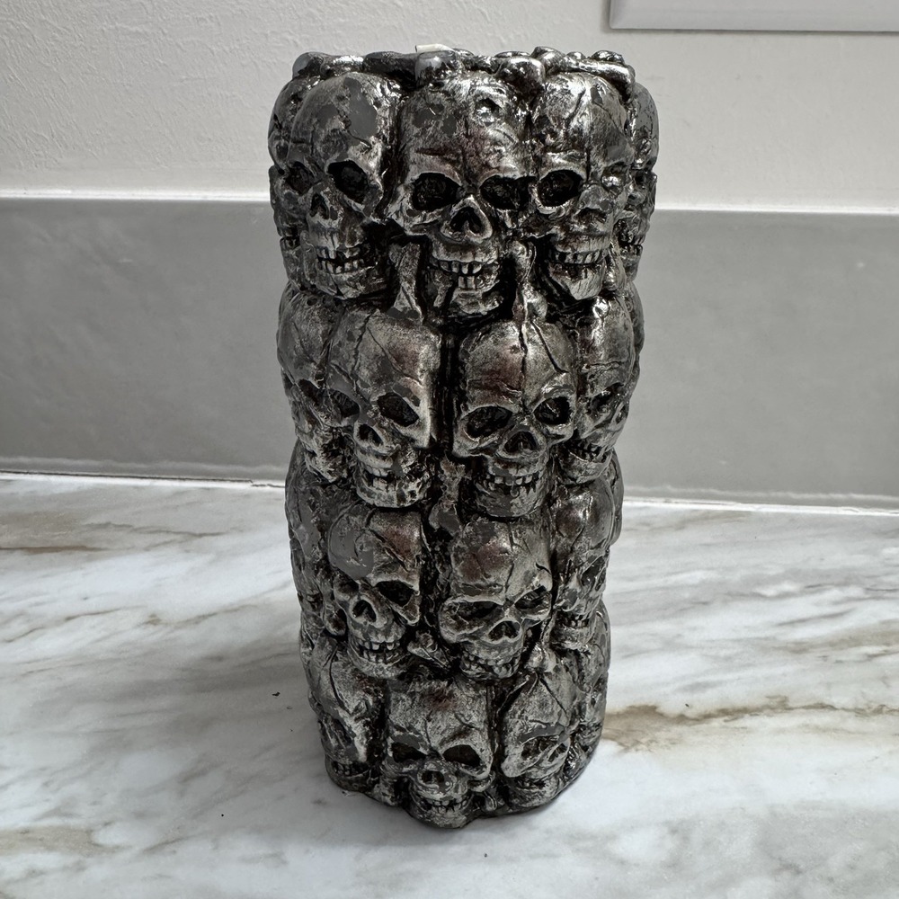 HALLOWEEN SILVER STACKED Small SKULLS PILLAR CANDLE.  6"‎ X 3"